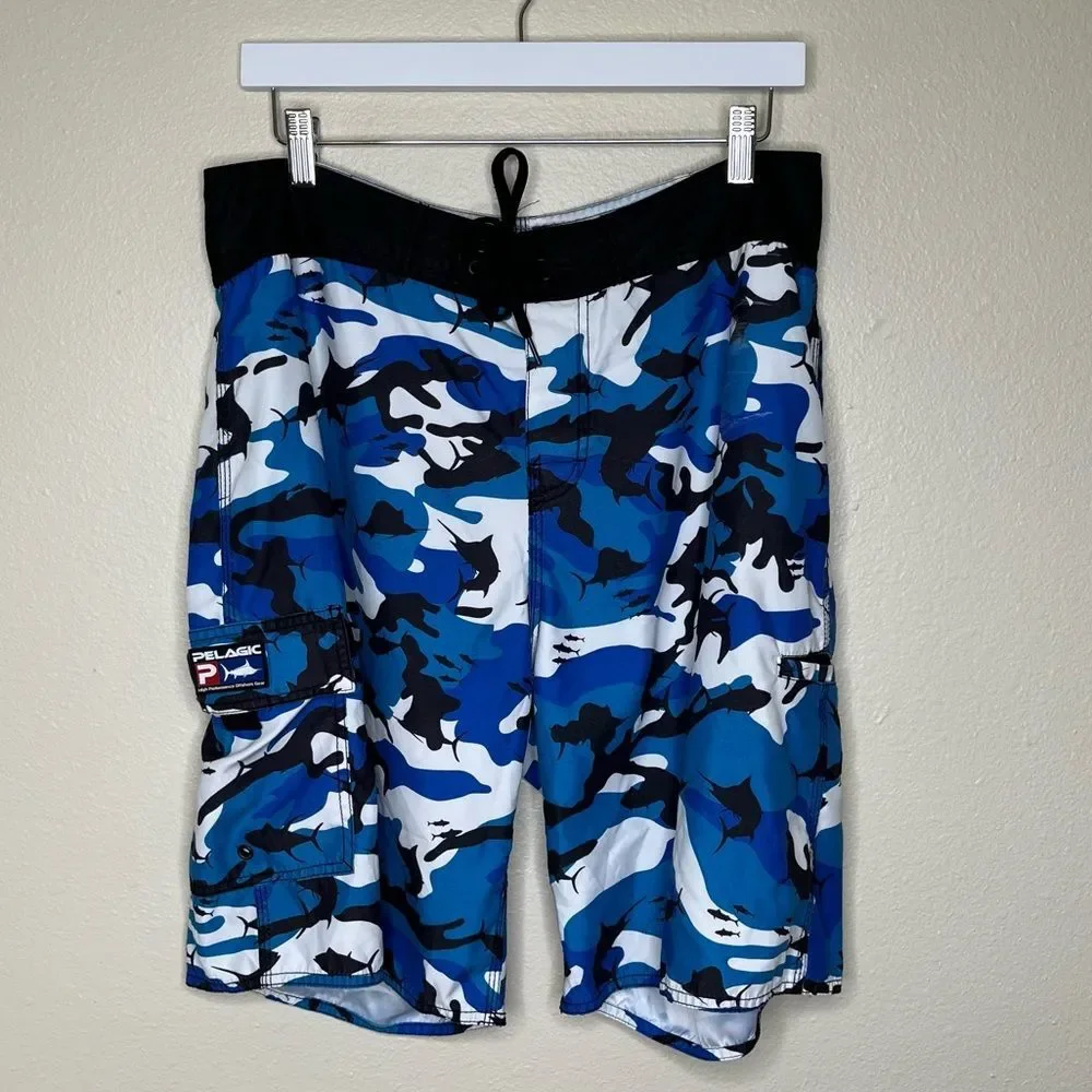 Pelagic Fish Camo Board Short White Black Blue Swim Surf SUP Men Size 34 FLAW